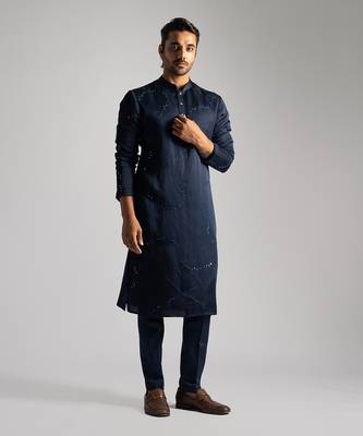 Midnight blue linen satin kurta with pajama pant 1