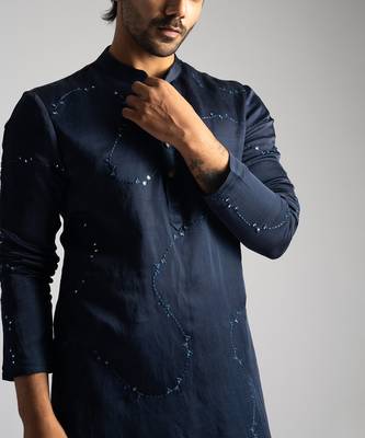 Midnight blue linen satin kurta with pajama pant 2