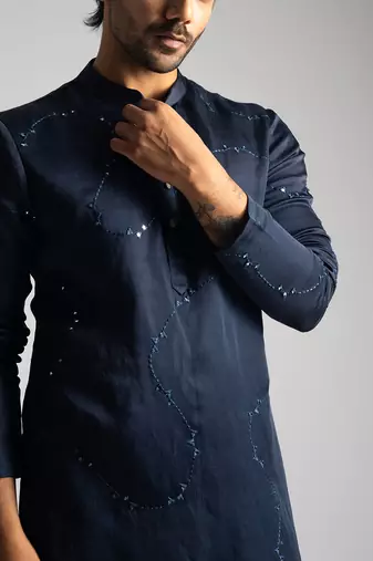 Midnight blue linen satin kurta with pajama pant