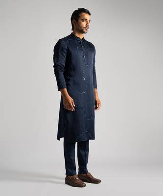 Midnight blue linen satin kurta with pajama pant 3
