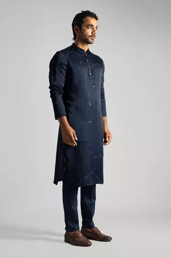 Midnight blue linen satin kurta with pajama pant
