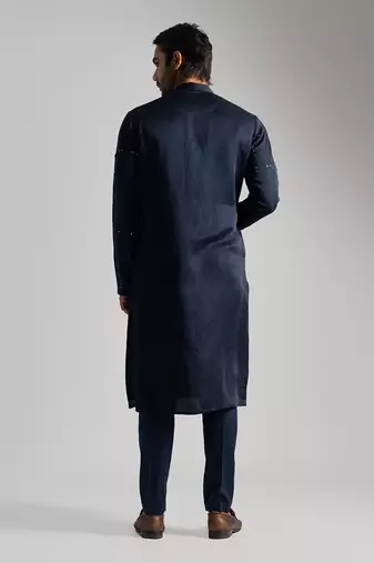 Midnight blue linen satin kurta with pajama pant