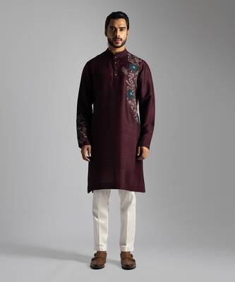 Maroon silk floral thread work kurta with cream pants 1