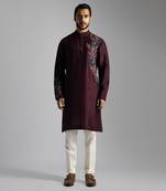 Maroon silk floral thread work kurta with cream pants