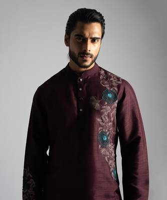 Maroon silk floral thread work kurta with cream pants 2