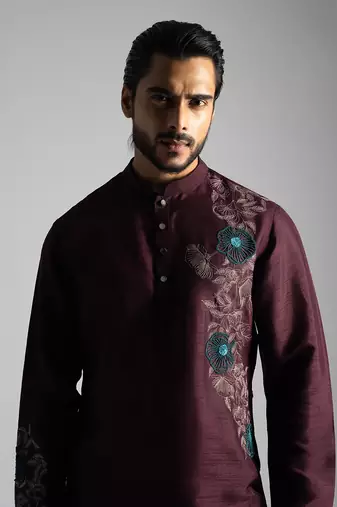 Maroon silk floral thread work kurta with cream pants