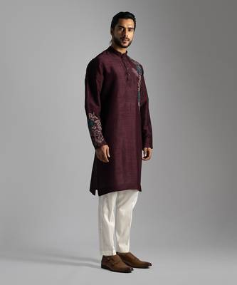 Maroon silk floral thread work kurta with cream pants 3