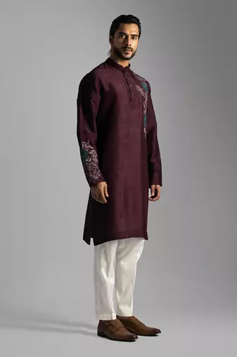Maroon silk floral thread work kurta with cream pants