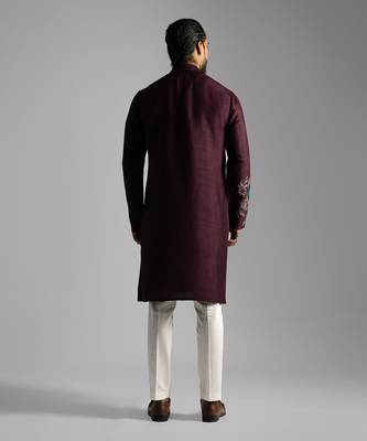 Maroon silk floral thread work kurta with cream pants 4