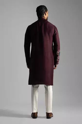 Maroon silk floral thread work kurta with cream pants