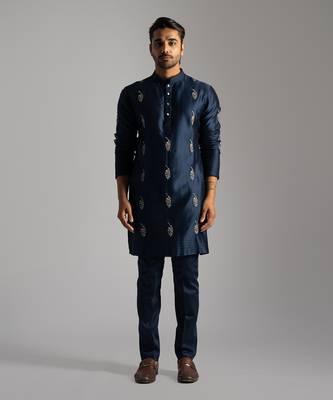 Royal blue chanderi kurta with slim fit pants 1