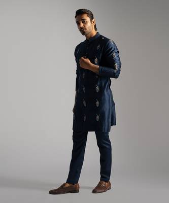Royal blue chanderi kurta with slim fit pants 3
