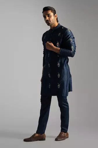 Royal blue chanderi kurta with slim fit pants