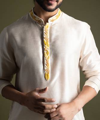 Cream asymmetric cut silk kurta with cream pants 2