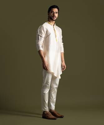 Cream asymmetric cut silk kurta with cream pants 3