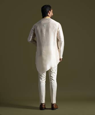 Cream asymmetric cut silk kurta with cream pants 4