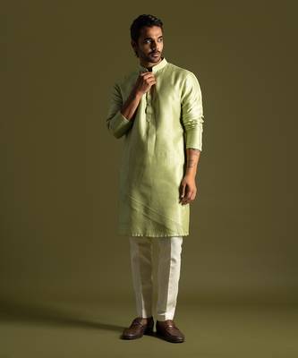 Pistachio green silk kurta with cream pants 1