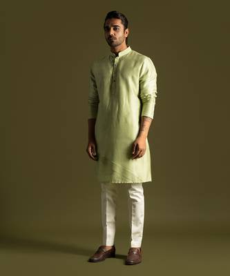 Pistachio green silk kurta with cream pants 3
