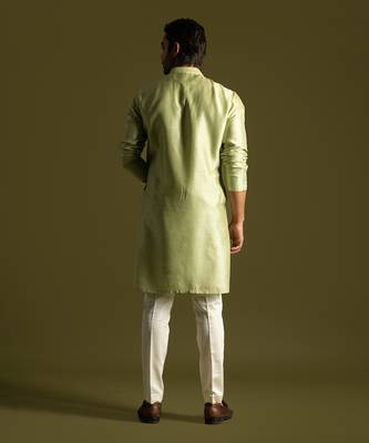 Pistachio green silk kurta with cream pants 4
