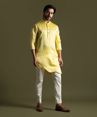 Sunshine yellow linen satin kurta with slim fit pants 1