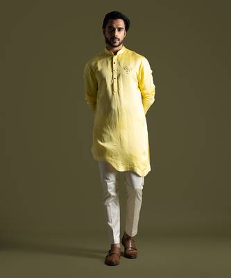 Sunshine yellow linen satin kurta with slim fit pants 2