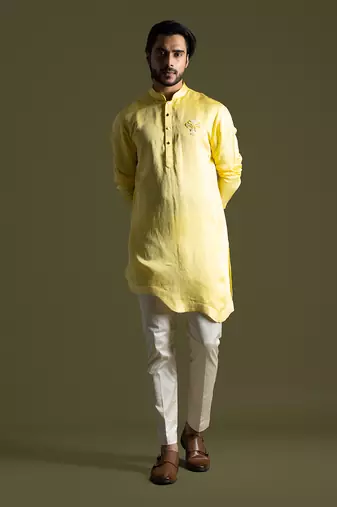 Sunshine yellow linen satin kurta with slim fit pants