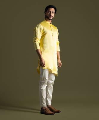 Sunshine yellow linen satin kurta with slim fit pants 3