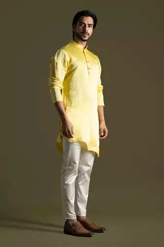 Sunshine yellow linen satin kurta with slim fit pants