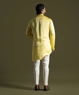 Sunshine yellow linen satin kurta with slim fit pants 4