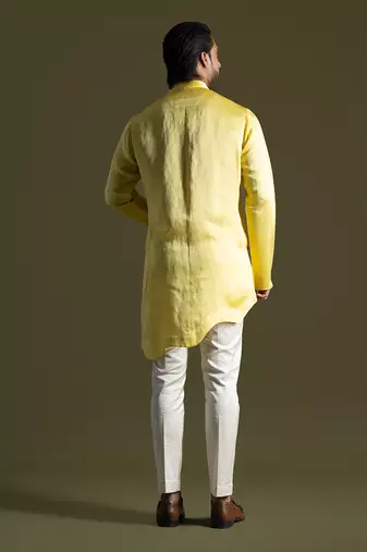 Sunshine yellow linen satin kurta with slim fit pants
