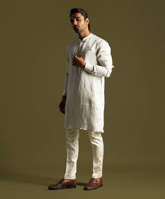 Light grey full sleeves kurta with slim fit pants 3