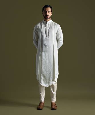 Ice blue symmetric drape kurta cream pants 1