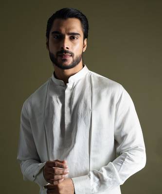 Ice blue symmetric drape kurta cream pants 2