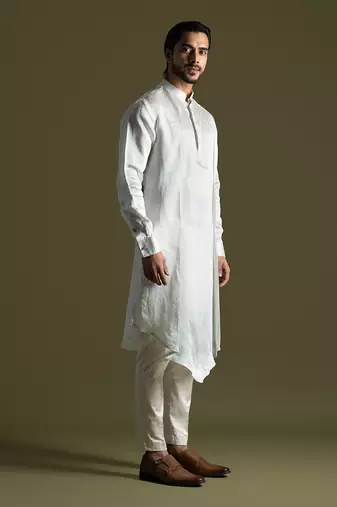 Ice blue symmetric drape kurta cream pants