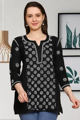Hand Embroidered Black Cotton Lucknowi Chikankari Indian Women Straight Kurti
