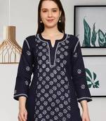 Ada Hand Embroidered Navy Blue Cotton Lucknowi Chikankari Indian Women Straight Kurti - A911294