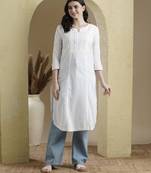 Hand Embroidered White Cotton Lucknowi Chikankari Indian Women Straight Kurta