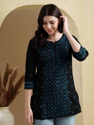 Ada Hand Embroidered Black & Blue Cotton Lucknowi Chikankari Indian Women Straight Kurti - A911382 1