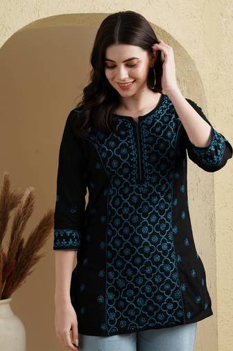 Ada Hand Embroidered Black & Blue Cotton Lucknowi Chikankari Indian Women Straight Kurti - A911382