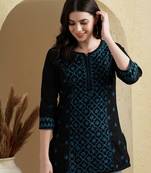 Ada Hand Embroidered Black & Blue Cotton Lucknowi Chikankari Indian Women Straight Kurti - A911382