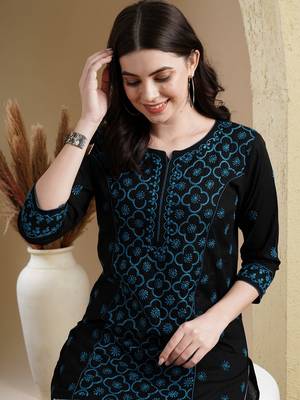 Ada Hand Embroidered Black & Blue Cotton Lucknowi Chikankari Indian Women Straight Kurti - A911382 3