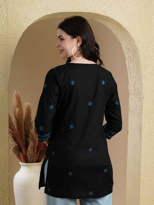 Ada Hand Embroidered Black & Blue Cotton Lucknowi Chikankari Indian Women Straight Kurti - A911382 4
