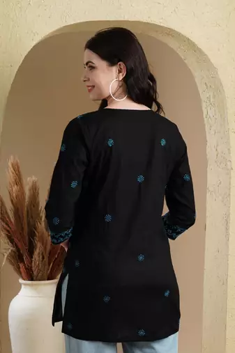 Ada Hand Embroidered Black & Blue Cotton Lucknowi Chikankari Indian Women Straight Kurti - A911382