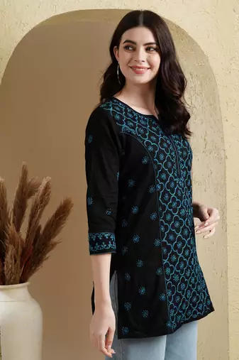 Ada Hand Embroidered Black & Blue Cotton Lucknowi Chikankari Indian Women Straight Kurti - A911382