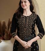 Hand Embroidered Black & Fawn Cotton Lucknowi Chikankari Indian Women Straight Kurti
