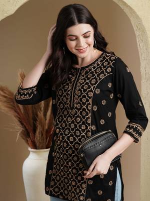 Hand Embroidered Black & Fawn Cotton Lucknowi Chikankari Indian Women Straight Kurti 2