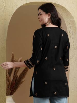 Hand Embroidered Black & Fawn Cotton Lucknowi Chikankari Indian Women Straight Kurti 3