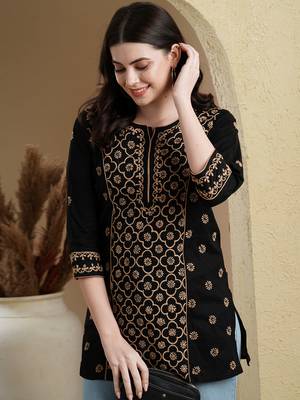 Hand Embroidered Black & Fawn Cotton Lucknowi Chikankari Indian Women Straight Kurti 4