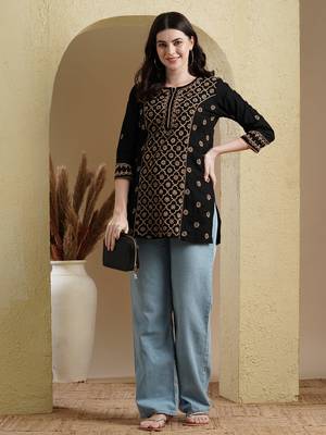 Hand Embroidered Black & Fawn Cotton Lucknowi Chikankari Indian Women Straight Kurti 5