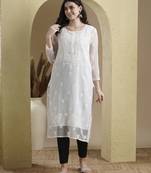 Ada Hand Embroidered White Georgette Lucknowi Chikankari Indian Women Straight Kurta Set With inner - A811191